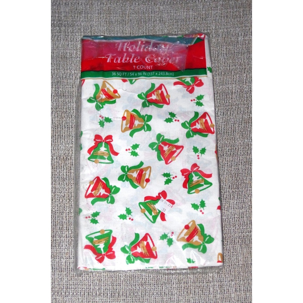 Vtg NOS Heavy Paper Christmas Tablecloth Bells AOP 54x96 Holly Green Gold Red